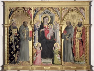 Madonna och barn med St. Louis av Toulouse, St. Francis av Assisi, St. Anthony av Padua och St. Nicholas av Bari (tempera på panel)